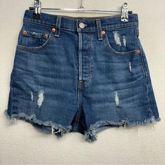 Levi’s ribcage shorts 25 distressed blue high-rise cut off fray button fly - Picture 1 of 7